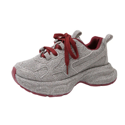 High Heel Platform Sneakers - Womens Lace-Up Casual Crystal Running Shoes - ZOOMNSTORE