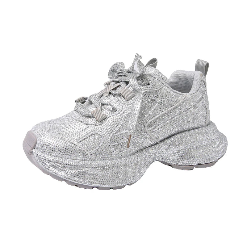High Heel Platform Sneakers - Womens Lace-Up Casual Crystal Running Shoes - ZOOMNSTORE