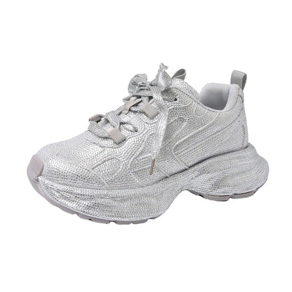 High Heel Platform Sneakers - Womens Lace-Up Casual Crystal Running Shoes - ZOOMNSTORE