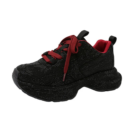 High Heel Platform Sneakers - Womens Lace-Up Casual Crystal Running Shoes - ZOOMNSTORE