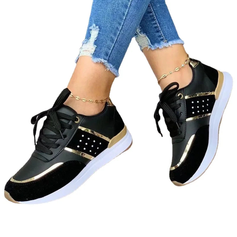 Women Platform Sneakers - Leather Patchwork Lace-Up Casual Sport Shoes - ZOOMNSTORE