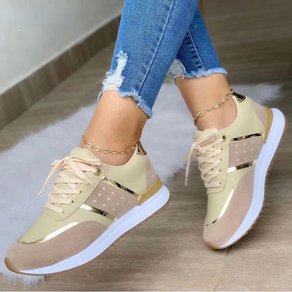 Women Platform Sneakers - Leather Patchwork Lace-Up Casual Sport Shoes - ZOOMNSTORE