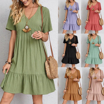 Women Pleated Dress - Loose V-Neck Short Sleeve A-Line Beach Dress Summer Mini - ZOOMNSTORE
