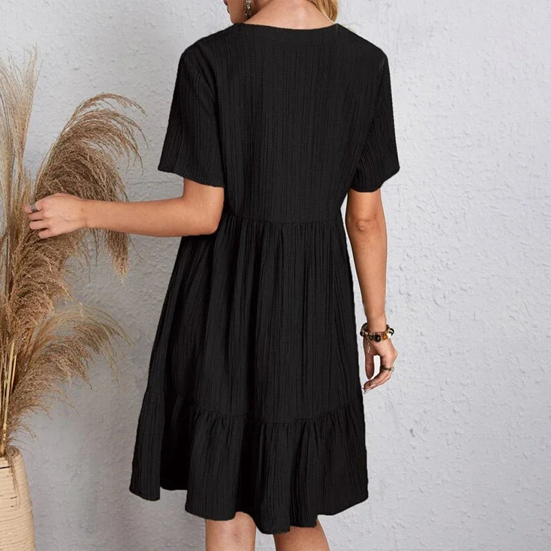 Women Pleated Dress - Loose V-Neck Short Sleeve A-Line Beach Dress Summer Mini - ZOOMNSTORE