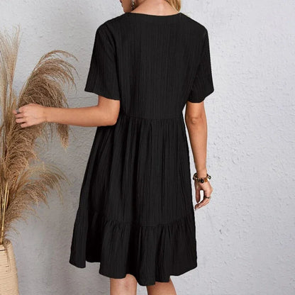 Women Pleated Dress - Loose V-Neck Short Sleeve A-Line Beach Dress Summer Mini - ZOOMNSTORE