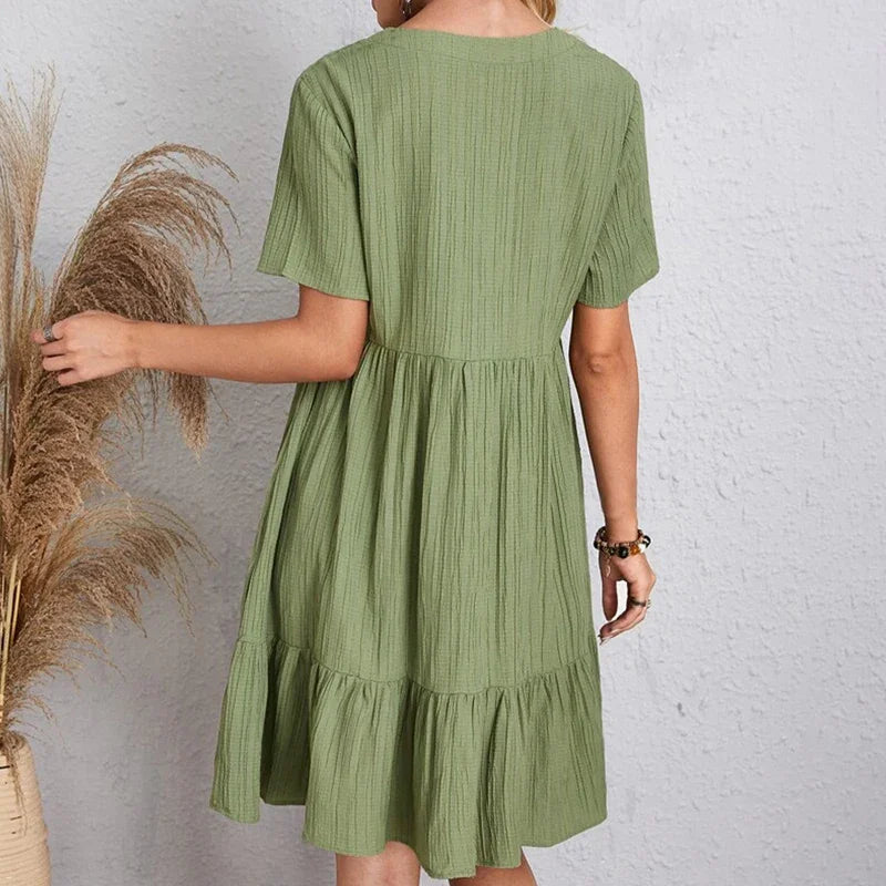 Women Pleated Dress - Loose V-Neck Short Sleeve A-Line Beach Dress Summer Mini - ZOOMNSTORE