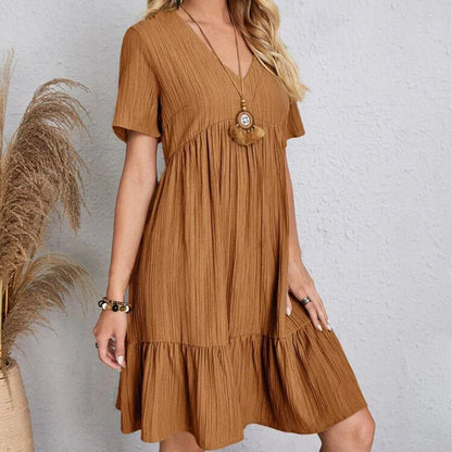Women Pleated Dress - Loose V-Neck Short Sleeve A-Line Beach Dress Summer Mini - ZOOMNSTORE
