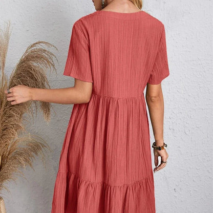 Women Pleated Dress - Loose V-Neck Short Sleeve A-Line Beach Dress Summer Mini - ZOOMNSTORE