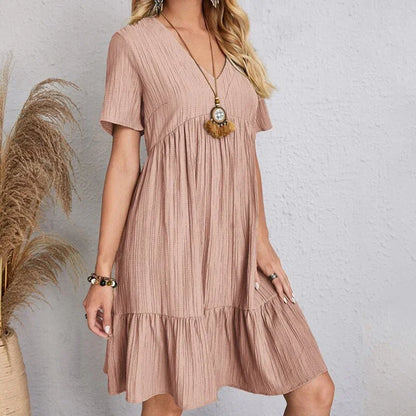 Women Pleated Dress - Loose V-Neck Short Sleeve A-Line Beach Dress Summer Mini - ZOOMNSTORE