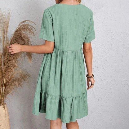 Women Pleated Dress - Loose V-Neck Short Sleeve A-Line Beach Dress Summer Mini - ZOOMNSTORE