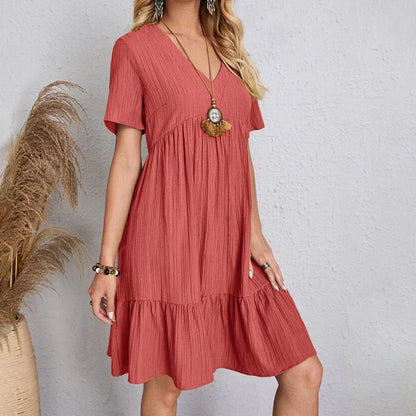 Women Pleated Dress - Loose V-Neck Short Sleeve A-Line Beach Dress Summer Mini - ZOOMNSTORE