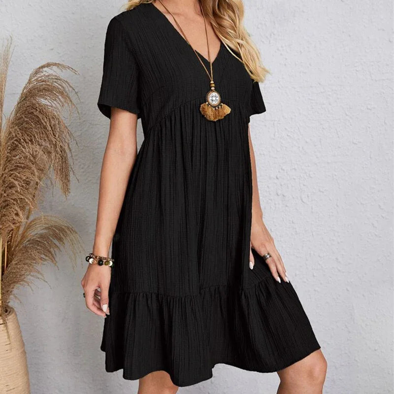 Women Pleated Dress - Loose V-Neck Short Sleeve A-Line Beach Dress Summer Mini - ZOOMNSTORE