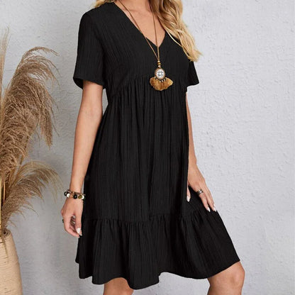 Women Pleated Dress - Loose V-Neck Short Sleeve A-Line Beach Dress Summer Mini - ZOOMNSTORE