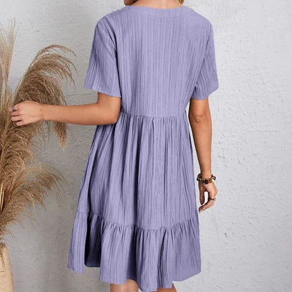 Women Pleated Dress - Loose V-Neck Short Sleeve A-Line Beach Dress Summer Mini - ZOOMNSTORE