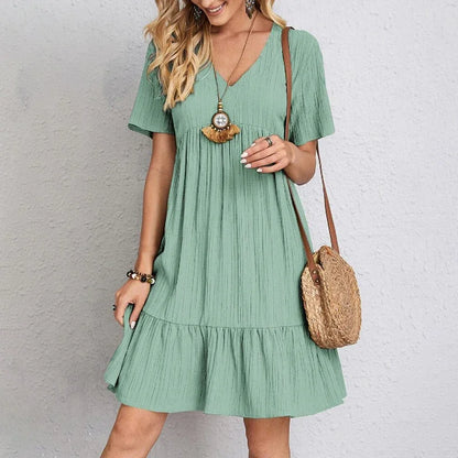 Women Pleated Dress - Loose V-Neck Short Sleeve A-Line Beach Dress Summer Mini - ZOOMNSTORE