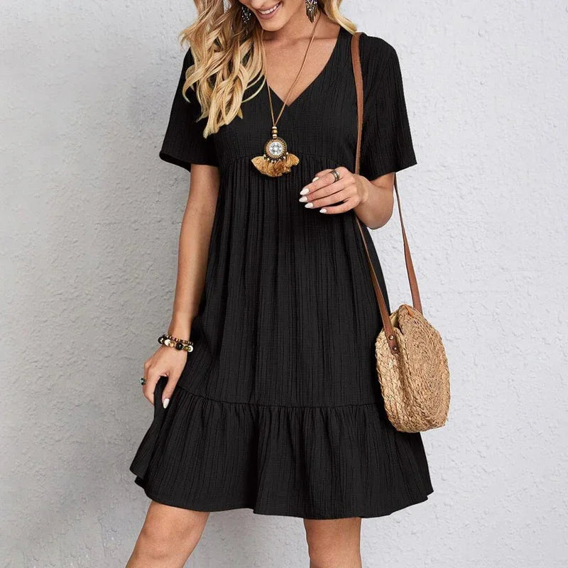Women Pleated Dress - Loose V-Neck Short Sleeve A-Line Beach Dress Summer Mini - ZOOMNSTORE