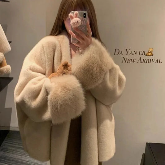 Women Plush Coat – Elegant Autumn Winter Jackets | Solid Color V Neck Outerwear - ZOOMNSTORE