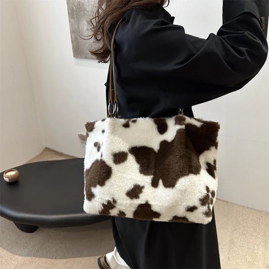 Women Plush Handbag - Large Capacity Top Handle Bag With Zipper Closure - ZOOMNSTORE
