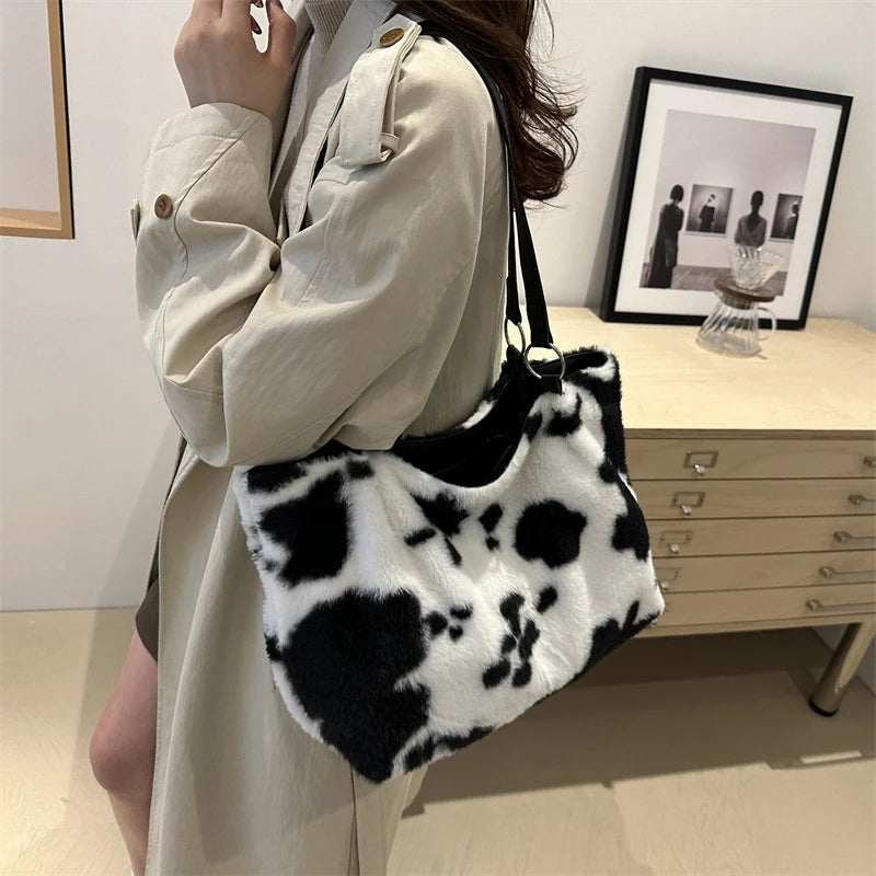 Women Plush Handbag - Large Capacity Top Handle Bag With Zipper Closure - ZOOMNSTORE
