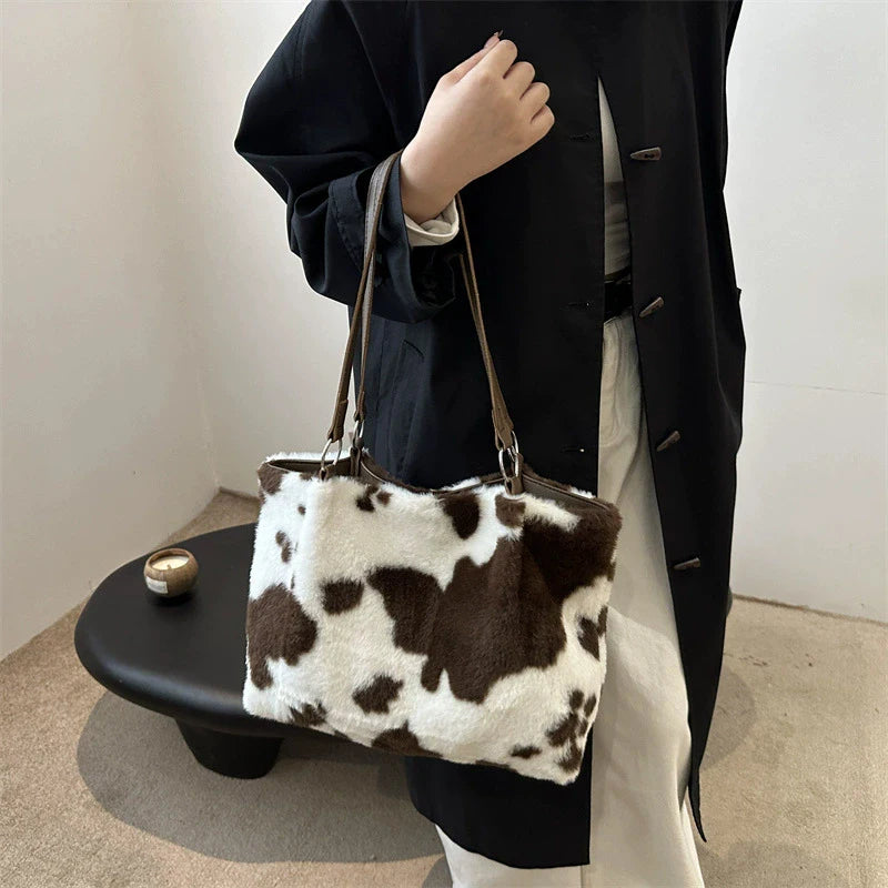 Women Plush Handbag - Large Capacity Top Handle Bag With Zipper Closure - ZOOMNSTORE