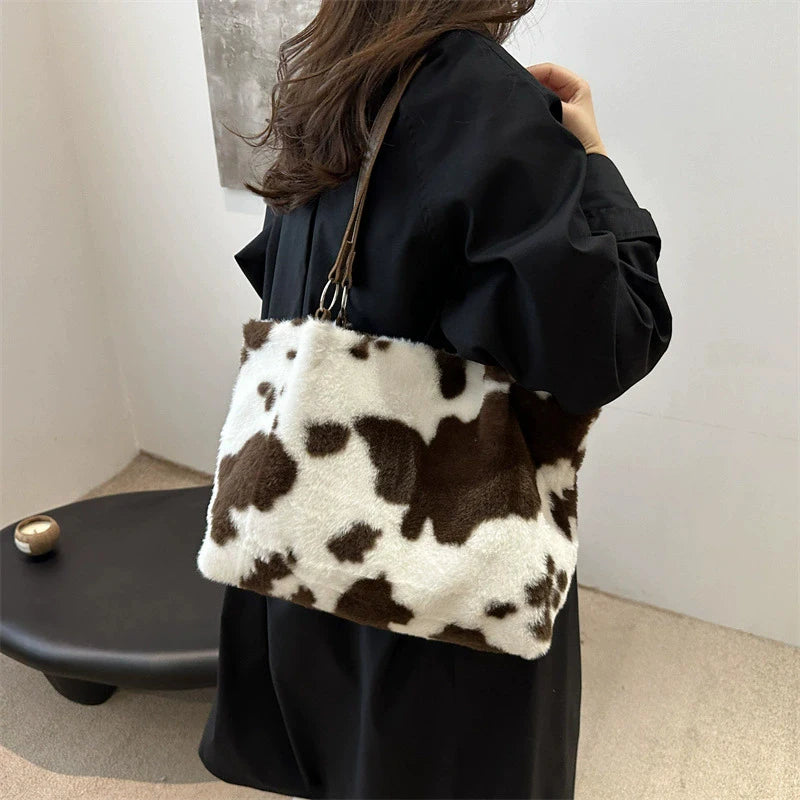 Women Plush Handbag - Large Capacity Top Handle Bag With Zipper Closure - ZOOMNSTORE