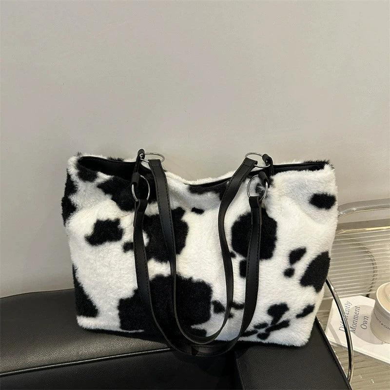 Women Plush Handbag - Large Capacity Top Handle Bag With Zipper Closure - ZOOMNSTORE