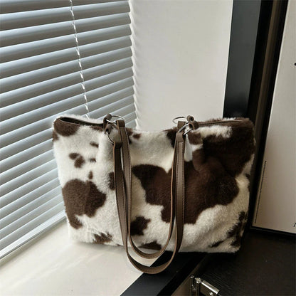 Women Plush Handbag - Large Capacity Top Handle Bag With Zipper Closure - ZOOMNSTORE