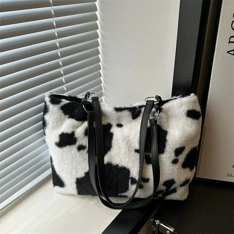 Women Plush Handbag - Large Capacity Top Handle Bag With Zipper Closure - ZOOMNSTORE