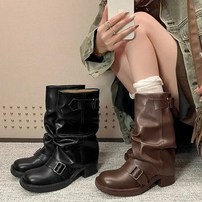 Pleated Buckle Knight Boots for Women Autumn Brown PU Leather Mid Calf Boots Woman Slip-On Thick Heel Riding Botas Mujer 2024 - ZOOMNSTORE