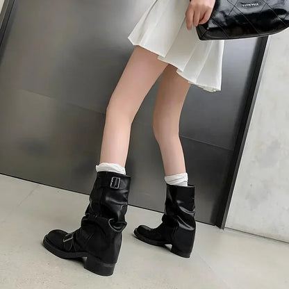 Pleated Buckle Knight Boots for Women Autumn Brown PU Leather Mid Calf Boots Woman Slip-On Thick Heel Riding Botas Mujer 2024 - ZOOMNSTORE