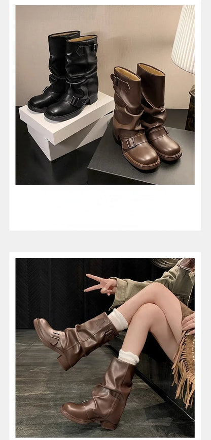 Pleated Buckle Knight Boots for Women Autumn Brown PU Leather Mid Calf Boots Woman Slip-On Thick Heel Riding Botas Mujer 2024 - ZOOMNSTORE