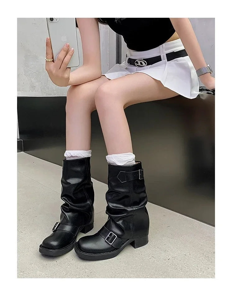 Pleated Buckle Knight Boots for Women Autumn Brown PU Leather Mid Calf Boots Woman Slip-On Thick Heel Riding Botas Mujer 2024 - ZOOMNSTORE