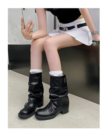 Pleated Buckle Knight Boots for Women Autumn Brown PU Leather Mid Calf Boots Woman Slip-On Thick Heel Riding Botas Mujer 2024 - ZOOMNSTORE