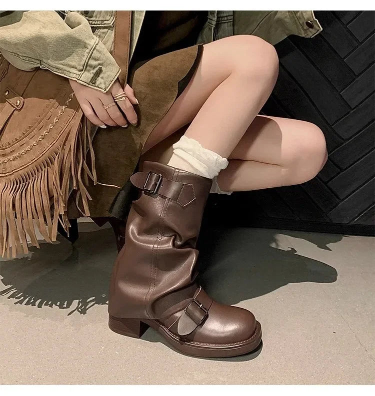 Pleated Buckle Knight Boots for Women Autumn Brown PU Leather Mid Calf Boots Woman Slip-On Thick Heel Riding Botas Mujer 2024 - ZOOMNSTORE