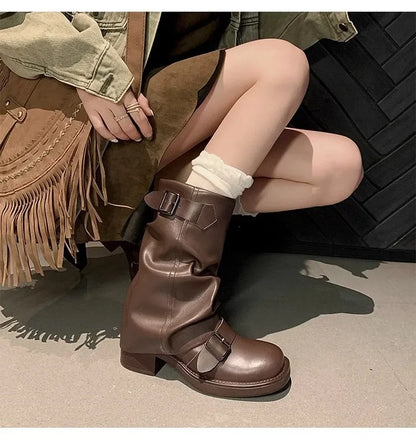 Pleated Buckle Knight Boots for Women Autumn Brown PU Leather Mid Calf Boots Woman Slip-On Thick Heel Riding Botas Mujer 2024 - ZOOMNSTORE