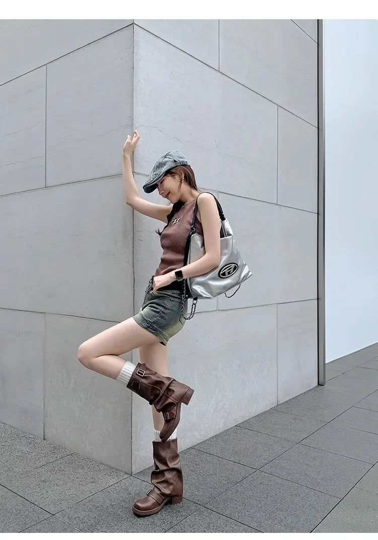 Pleated Buckle Knight Boots for Women Autumn Brown PU Leather Mid Calf Boots Woman Slip-On Thick Heel Riding Botas Mujer 2024 - ZOOMNSTORE
