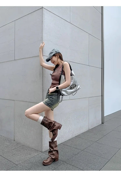 Pleated Buckle Knight Boots for Women Autumn Brown PU Leather Mid Calf Boots Woman Slip-On Thick Heel Riding Botas Mujer 2024 - ZOOMNSTORE