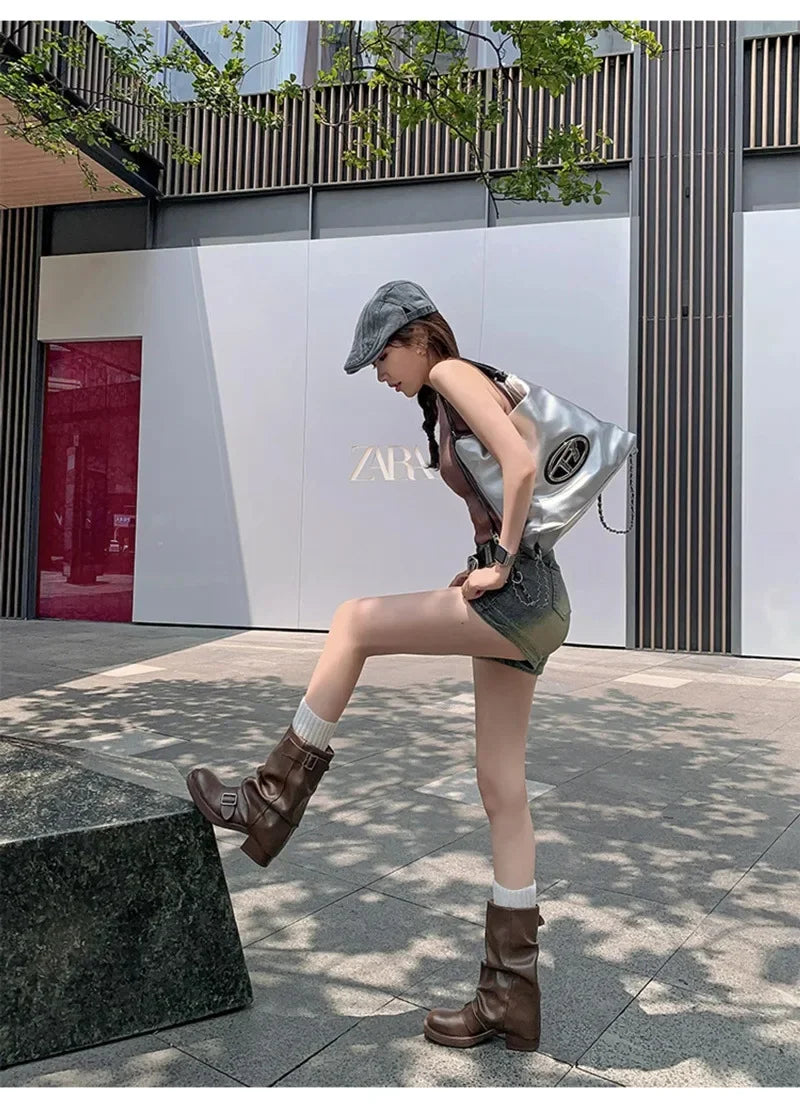Pleated Buckle Knight Boots for Women Autumn Brown PU Leather Mid Calf Boots Woman Slip-On Thick Heel Riding Botas Mujer 2024 - ZOOMNSTORE