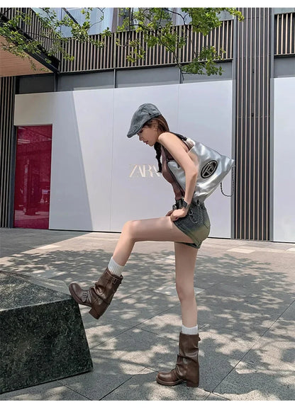 Pleated Buckle Knight Boots for Women Autumn Brown PU Leather Mid Calf Boots Woman Slip-On Thick Heel Riding Botas Mujer 2024 - ZOOMNSTORE