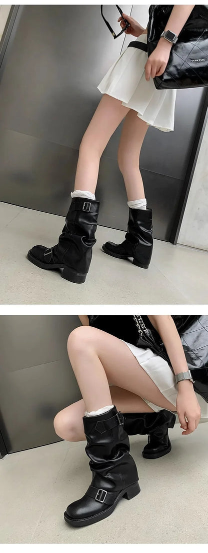 Pleated Buckle Knight Boots for Women Autumn Brown PU Leather Mid Calf Boots Woman Slip-On Thick Heel Riding Botas Mujer 2024 - ZOOMNSTORE