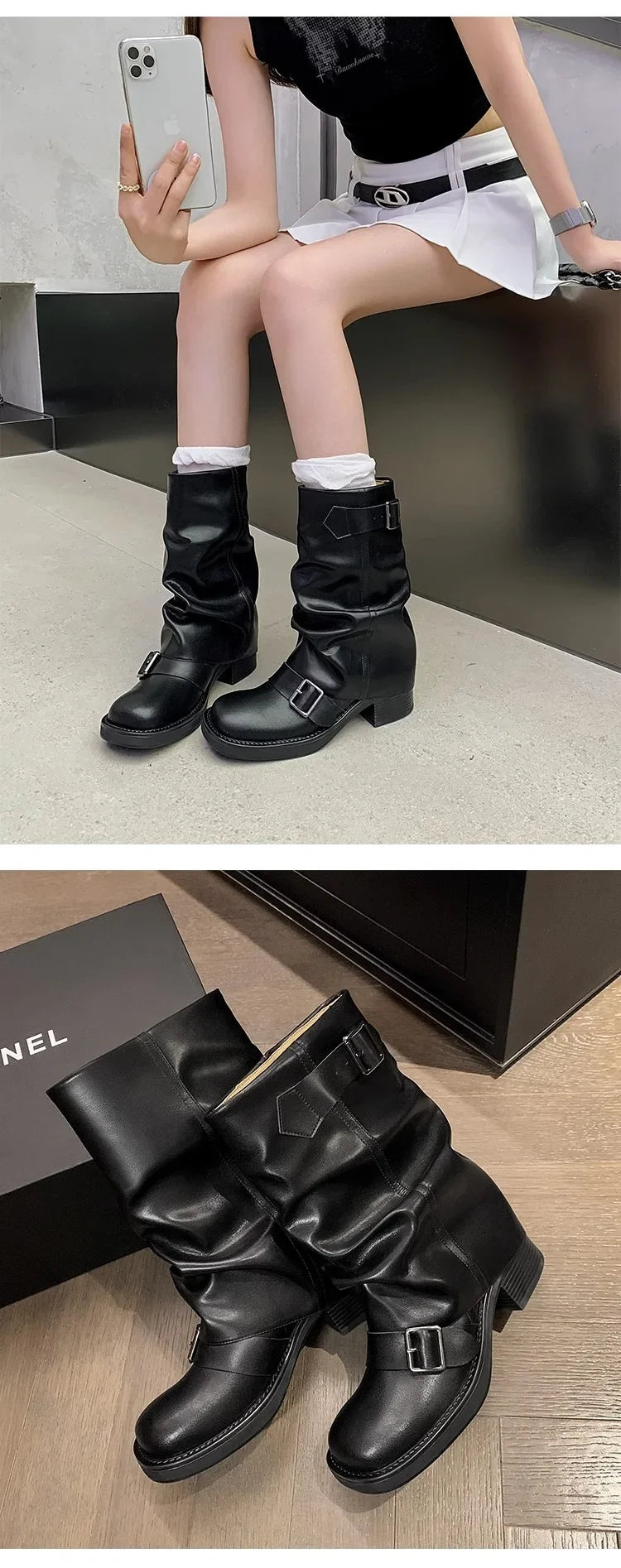 Pleated Buckle Knight Boots for Women Autumn Brown PU Leather Mid Calf Boots Woman Slip-On Thick Heel Riding Botas Mujer 2024 - ZOOMNSTORE