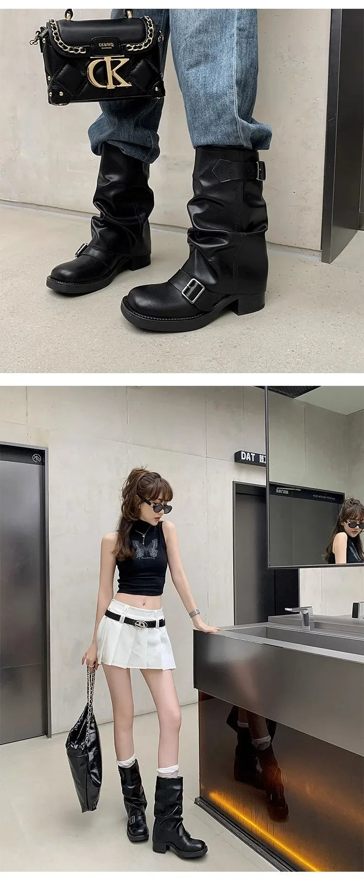 Pleated Buckle Knight Boots for Women Autumn Brown PU Leather Mid Calf Boots Woman Slip-On Thick Heel Riding Botas Mujer 2024 - ZOOMNSTORE