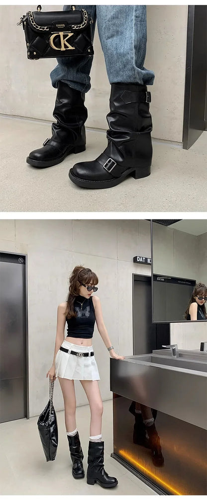 Pleated Buckle Knight Boots for Women Autumn Brown PU Leather Mid Calf Boots Woman Slip-On Thick Heel Riding Botas Mujer 2024 - ZOOMNSTORE