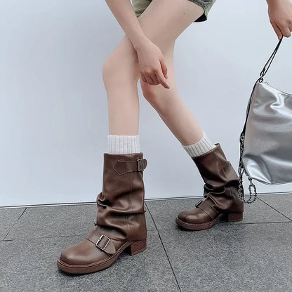 Pleated Buckle Knight Boots for Women Autumn Brown PU Leather Mid Calf Boots Woman Slip-On Thick Heel Riding Botas Mujer 2024 - ZOOMNSTORE