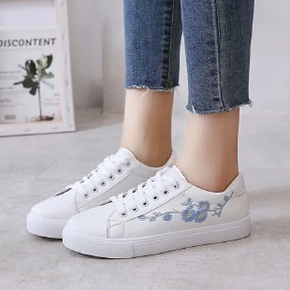 Women Running Shoes - White Breathable Embroidered Sneakers With Rubber Outsole - ZOOMNSTORE