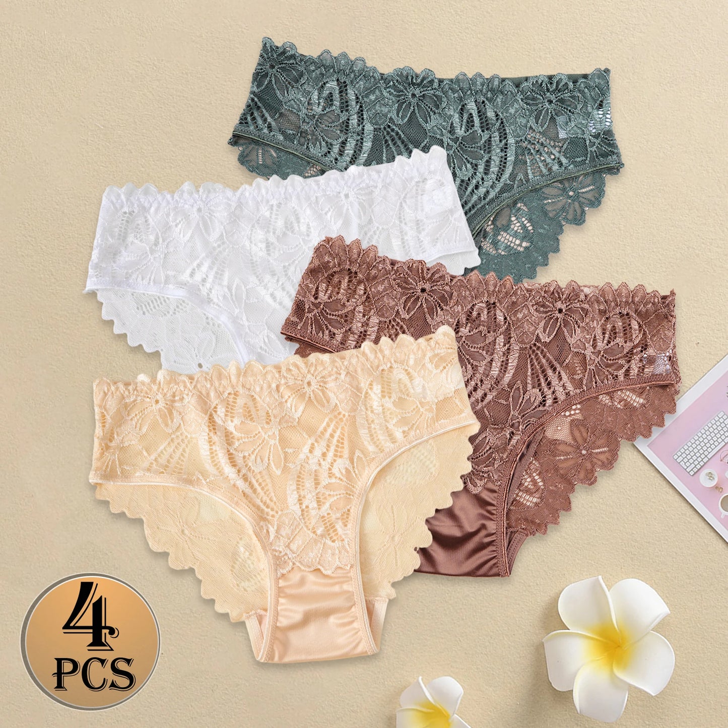 Women Satin Panties - Elegant Mid-Rise Lace Underwear Briefs with Floral Design - ZOOMNSTORE