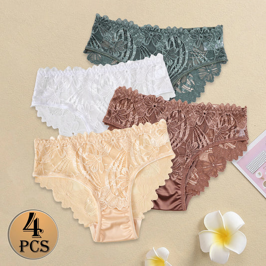 Women Satin Panties - Elegant Mid-Rise Lace Underwear Briefs with Floral Design - ZOOMNSTORE