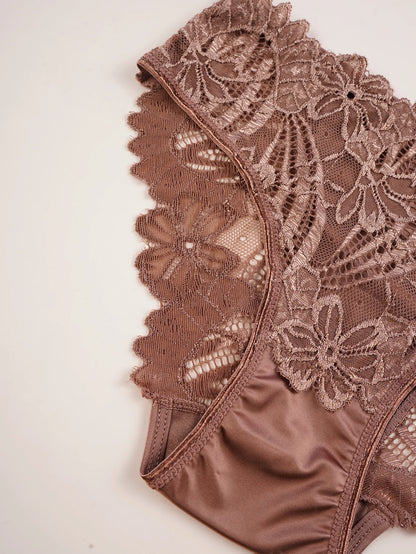 Women Satin Panties - Elegant Mid-Rise Lace Underwear Briefs with Floral Design - ZOOMNSTORE
