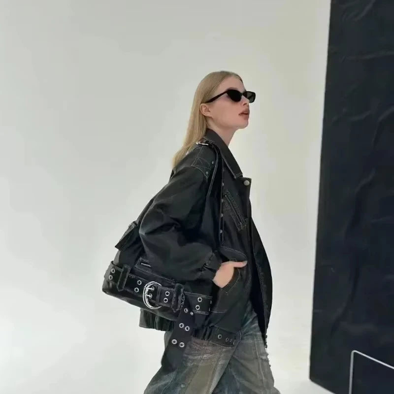 Luxury Womens Handbag - Y2K Large Capacity Shoulder Bag with Rivets and Multiple Pockets - ZOOMNSTORE