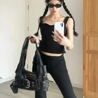 Luxury Womens Handbag - Y2K Large Capacity Shoulder Bag with Rivets and Multiple Pockets - ZOOMNSTORE